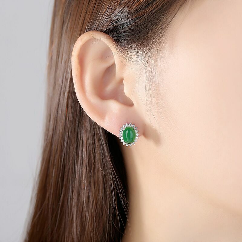 925 Sterling Silver Crystal Green Jade Stud Earrings Jewellery Women Gift