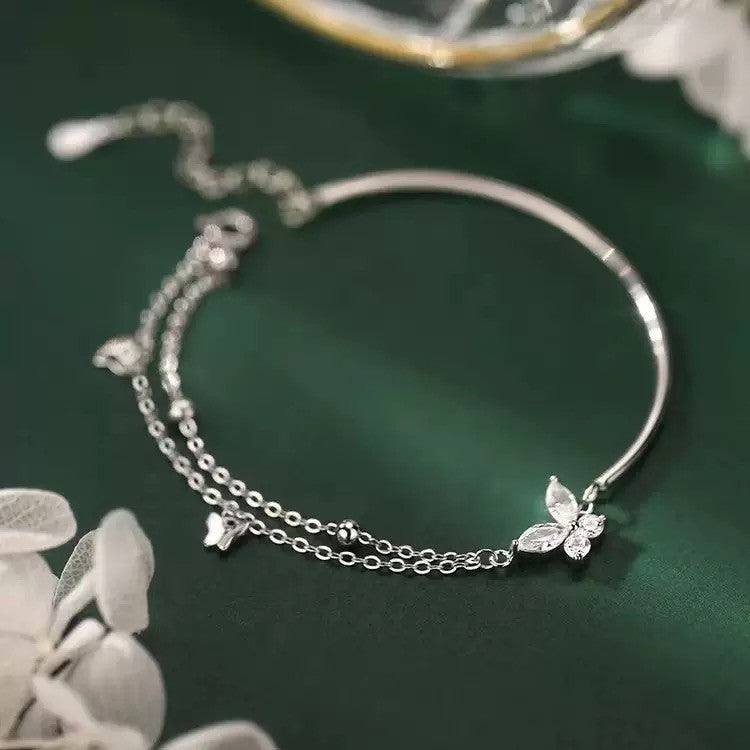 925 Sterling Silver Crystal Butterfly Double Layer Bracelet Women Jewellery Gift