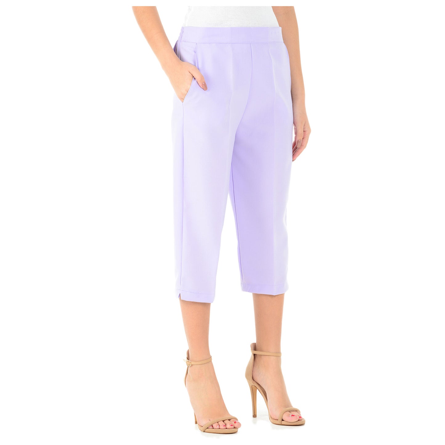 3/4 LENGTH WOMENS LADIES STRETCH ELASTICATED WAIST PLAIN PANTS CROPPED TROUSERS