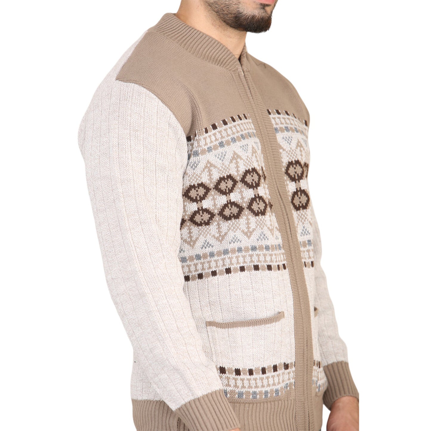 MENS AZTEC PATTERN CARDIGAN ZIP POCKET THICK WINTER WARM SWEATER KNITTED JUMPER