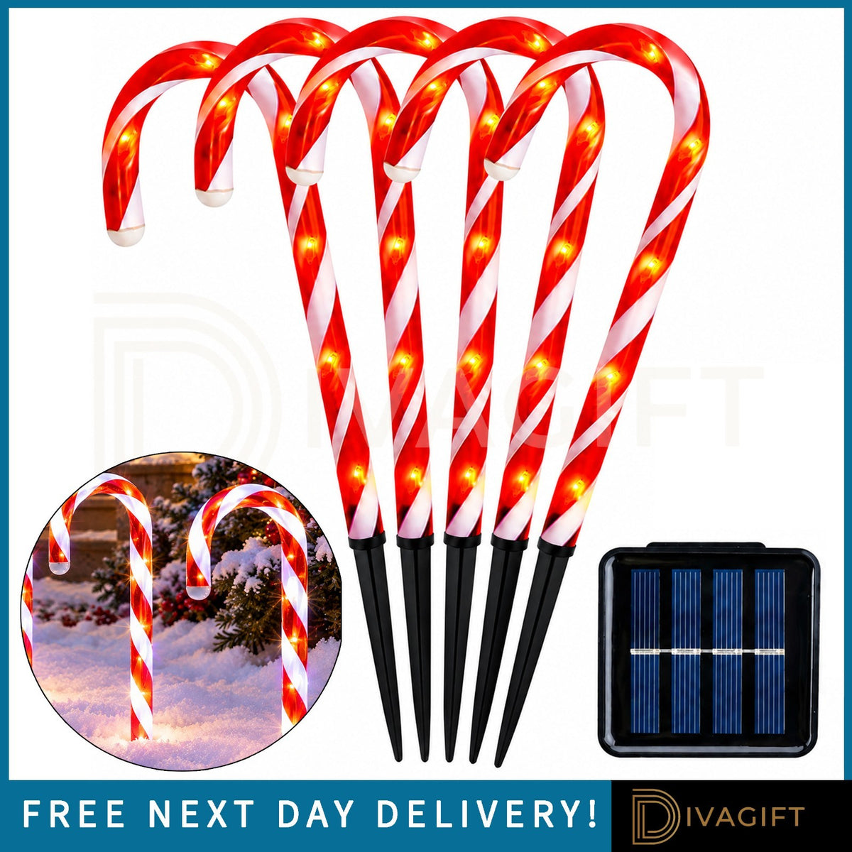5PCS SOLAR CANDY CANE CHRISTMAS DECORATION OUTDOOR GARDEN PATHWAY STAKE LIGHT