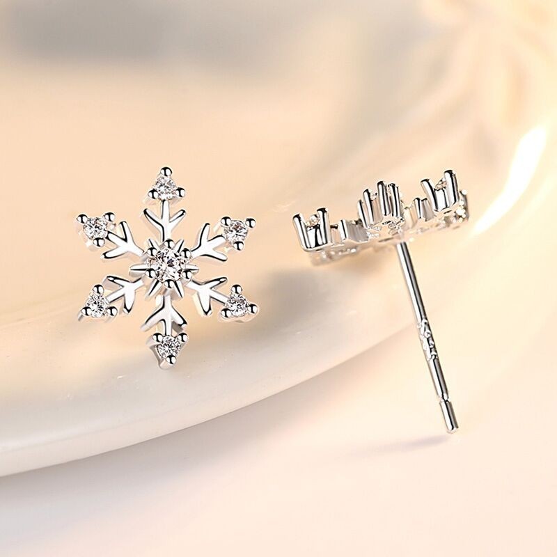 Crystal Snowflakes 925 Sterling Silver Stud Earrings Women Girls Christmas Gift