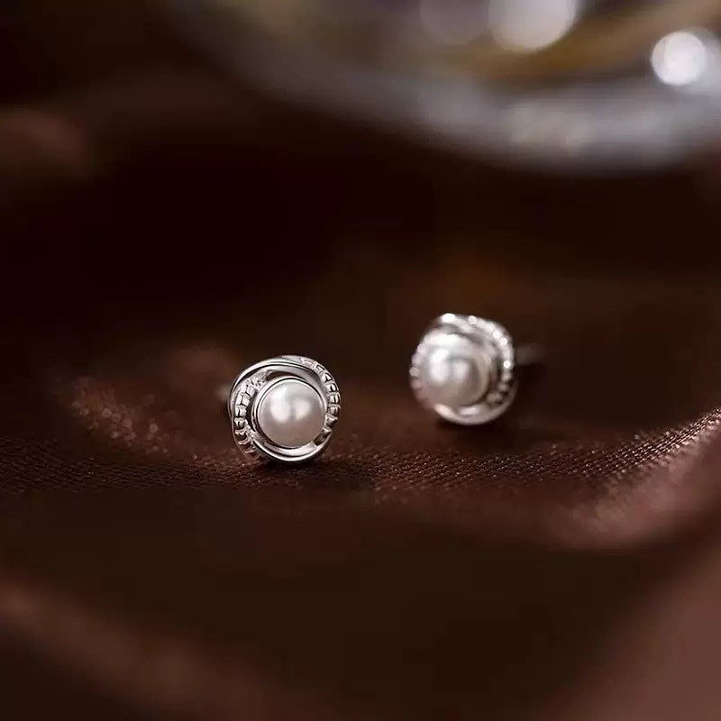 Crystal Swirl Pearl Stud Earrings Women Girls 925 Sterling Silver Jewellery Gift