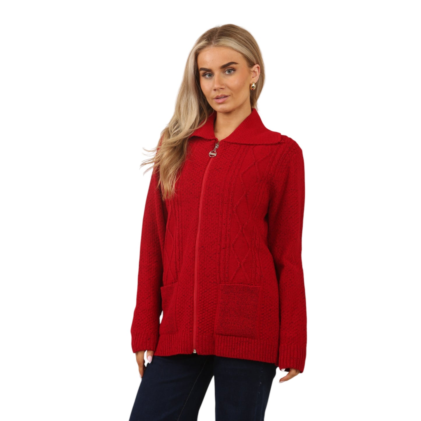 WOMENS ZIP UP CARDIGAN LADIES DIAMOND CABLE KNIT LONG SLEEVES SWEATER TOP JUMPER