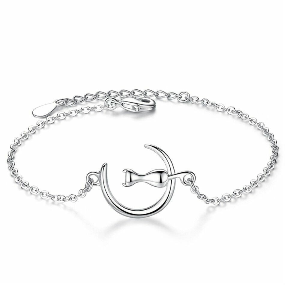 Women Girls Cute Moon Cat  Charm Bracelet 925 Sterling Silver Jewellery Gift UK