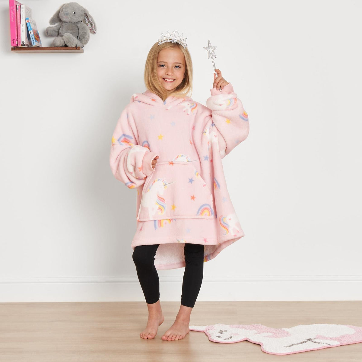 Dreamscene Unicorn Pink Rainbow Print Hoodie Blanket Fleece Oversized Kids Throw