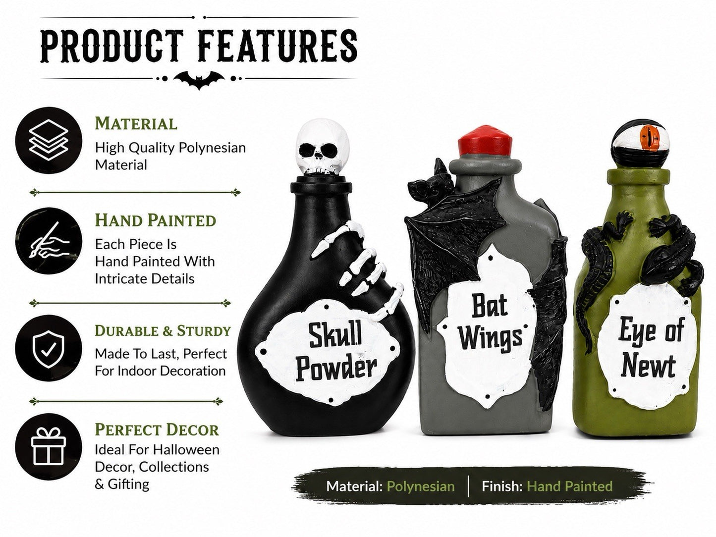 Halloween Decorations Set of 3 Spooky Potion Bottles Hand Painted 15cm Indoor