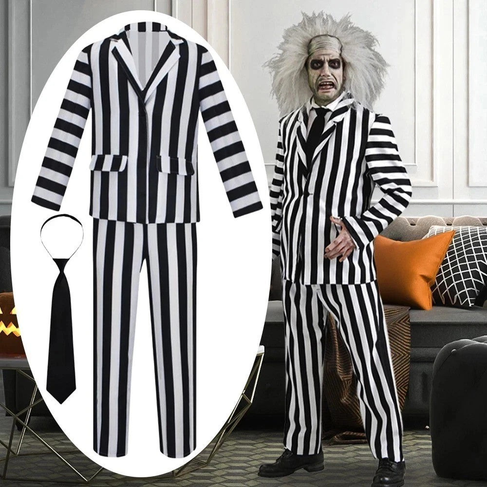 Men Beetlejuice Fancy Dress Spooky Halloween Cosplay Costume with Suit Pants Tie