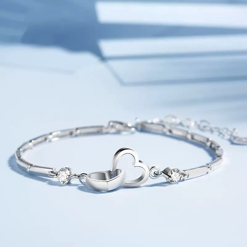 925 Sterling Silver Crystal Heart Linked Bracelet Women Girls Jewellery Gift UK