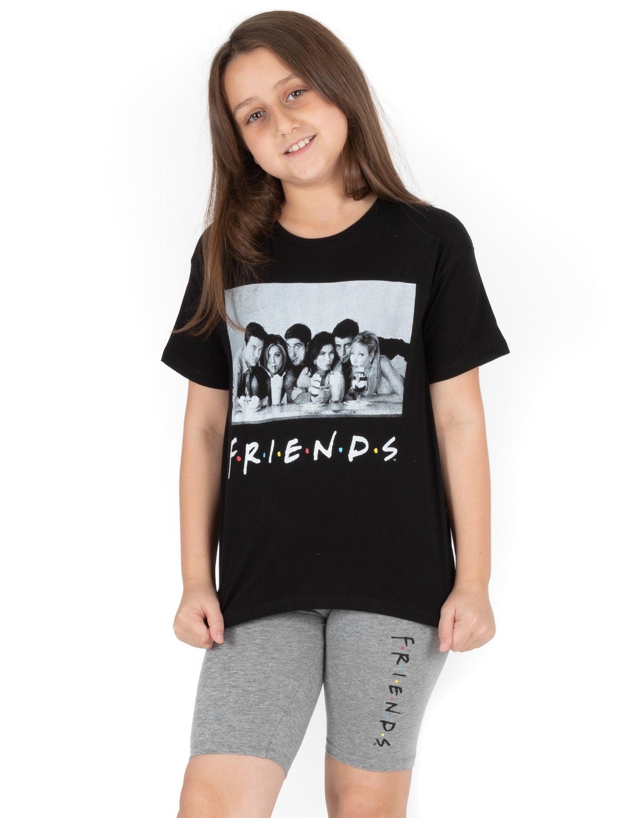 Friends Short Sleeve Cycling Short Pyjama Set | Girls Black | Official Merch