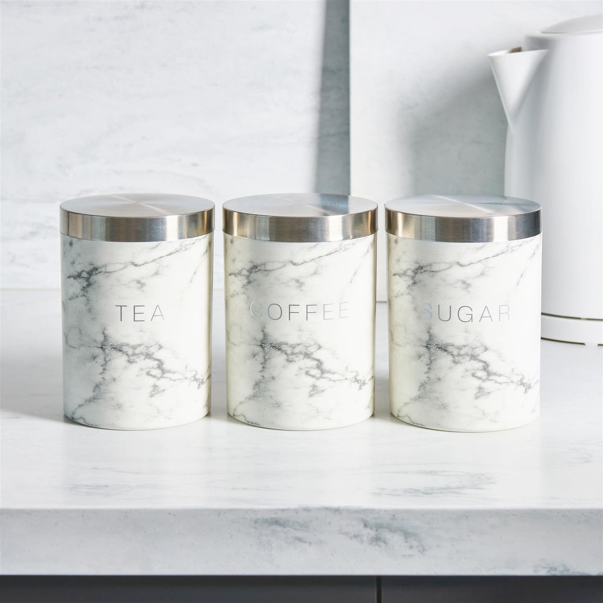 OHS Marble Tea Coffee Sugar Canisters Set of 3 Kitchen Storage Jars with Lids
