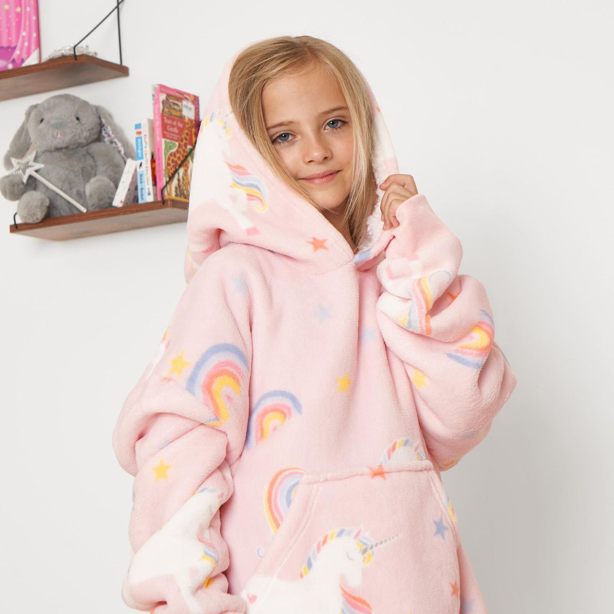 Dreamscene Unicorn Pink Rainbow Print Hoodie Blanket Fleece Oversized Kids Throw