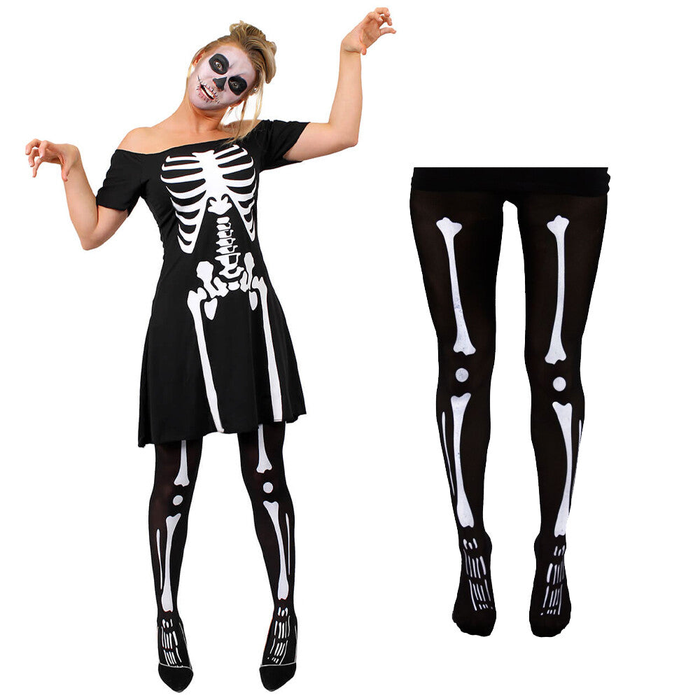 LADIES SKELETON COSTUME BLACK SKATER DRESS HALLOWEEN FANCY DRESS SIZES UK 6/18