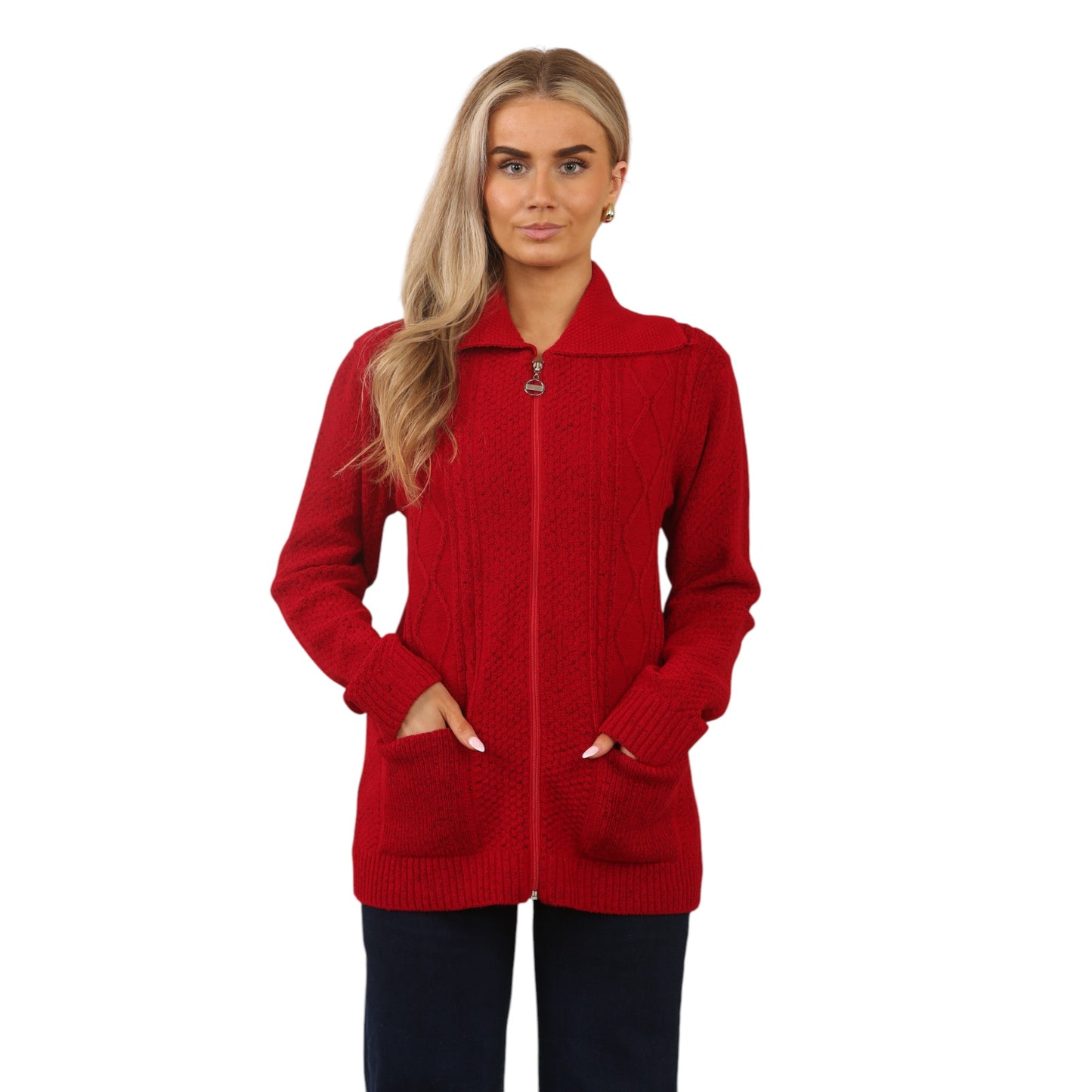WOMENS ZIP UP CARDIGAN LADIES DIAMOND CABLE KNIT LONG SLEEVES SWEATER TOP JUMPER