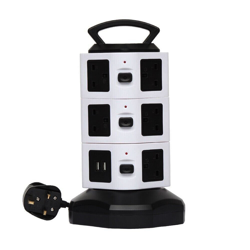 8/10 Way Tower Power Extension Lead 3M With 4 USB Ports UK Plug Surge Protected