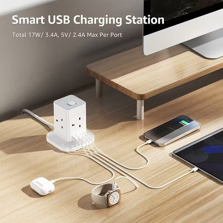 4 WAY TOWER EXTENSION LEAD WITH USB SLOT SURGE PROTECTION POWER STRIP 1.5m UK