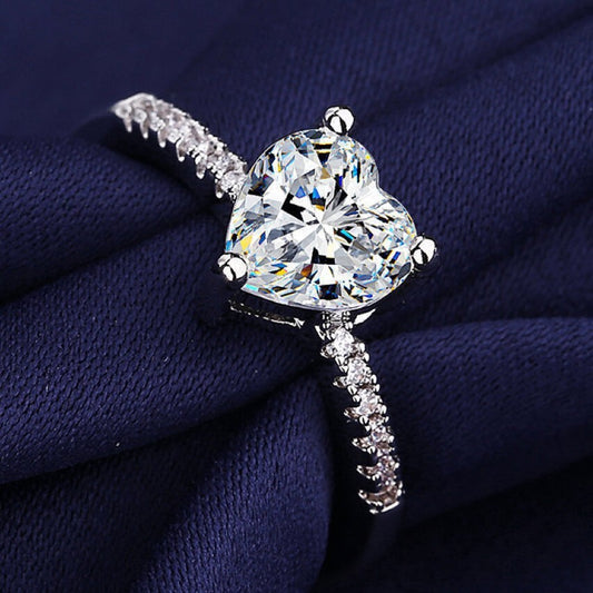 925 Sterling Silver Crystal Heart Adjustable Ring Engagement Women Jewellery Gif