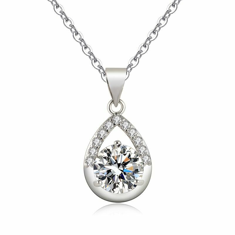 Womens 925 Sterling Silver Crystal Water Drop Pendant Chain Necklace Jewellery
