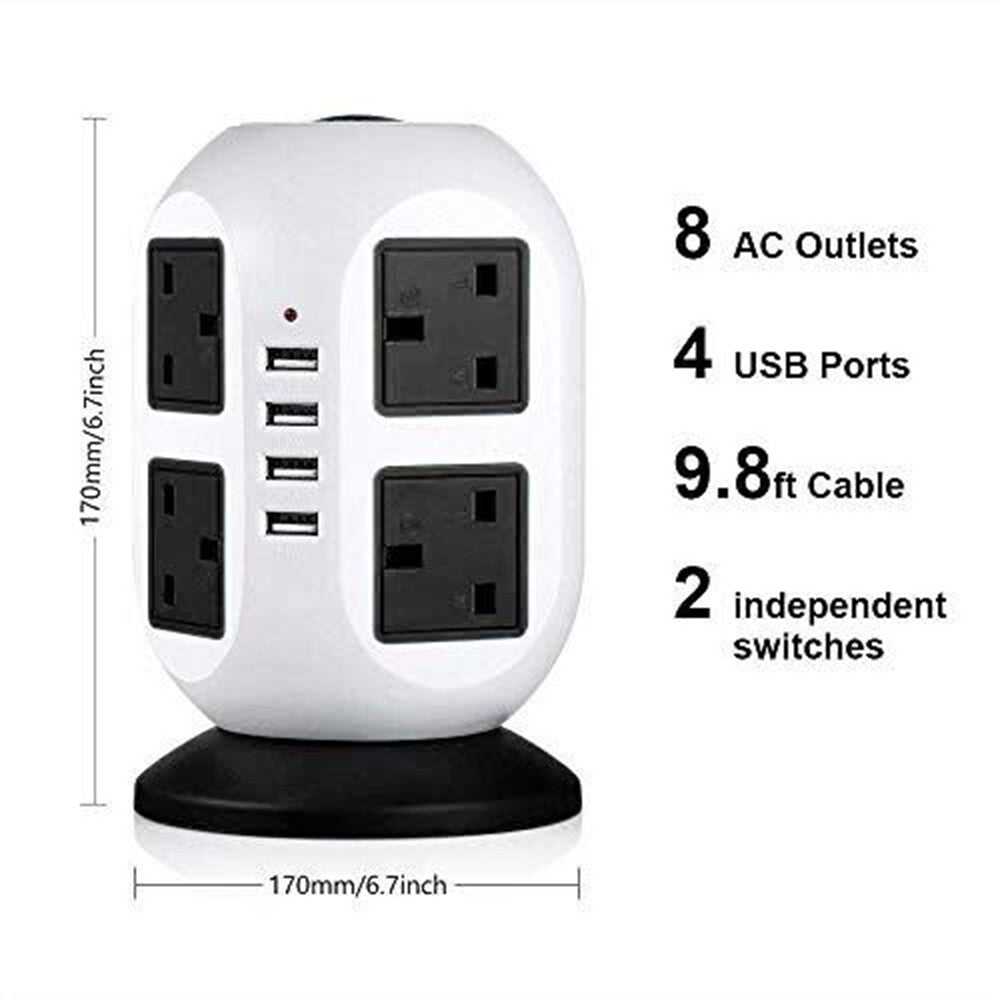 8/10 Way Tower Power Extension Lead 3M With 4 USB Ports UK Plug Surge Protected