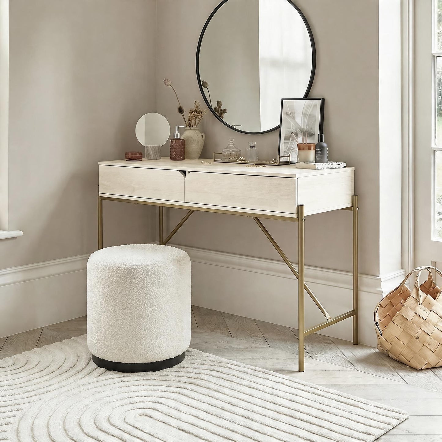 OHS Curved Dressing Table Engineered Wood Makeup Vanity Desk with 2 Drawers