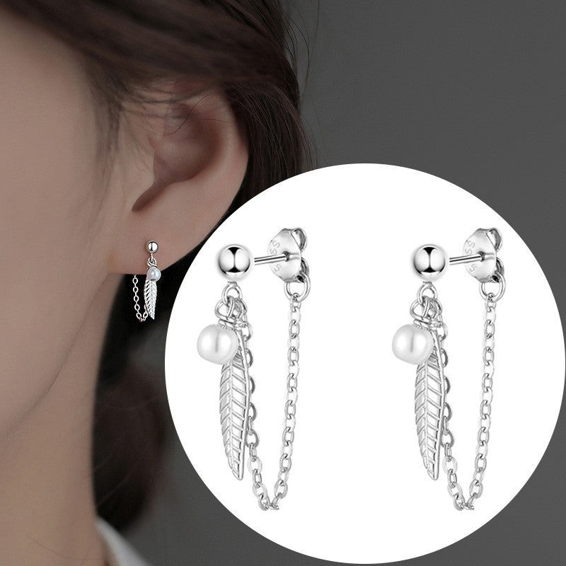 925 Sterling Silver Pearl Feather Drop Stud Earrings Women Girls Jewellery Gift