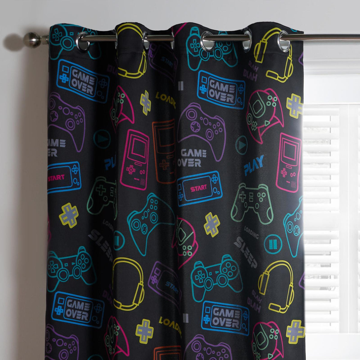 Gaming Eyelet Curtains Pair of Blackout Woven Ring Top Panels Ready Made Kids