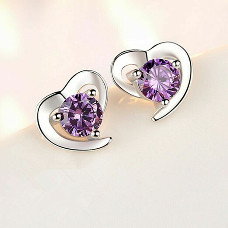 925 Sterling Silver Crystal Heart Stud Earrings Womens Girls valentine's Gift