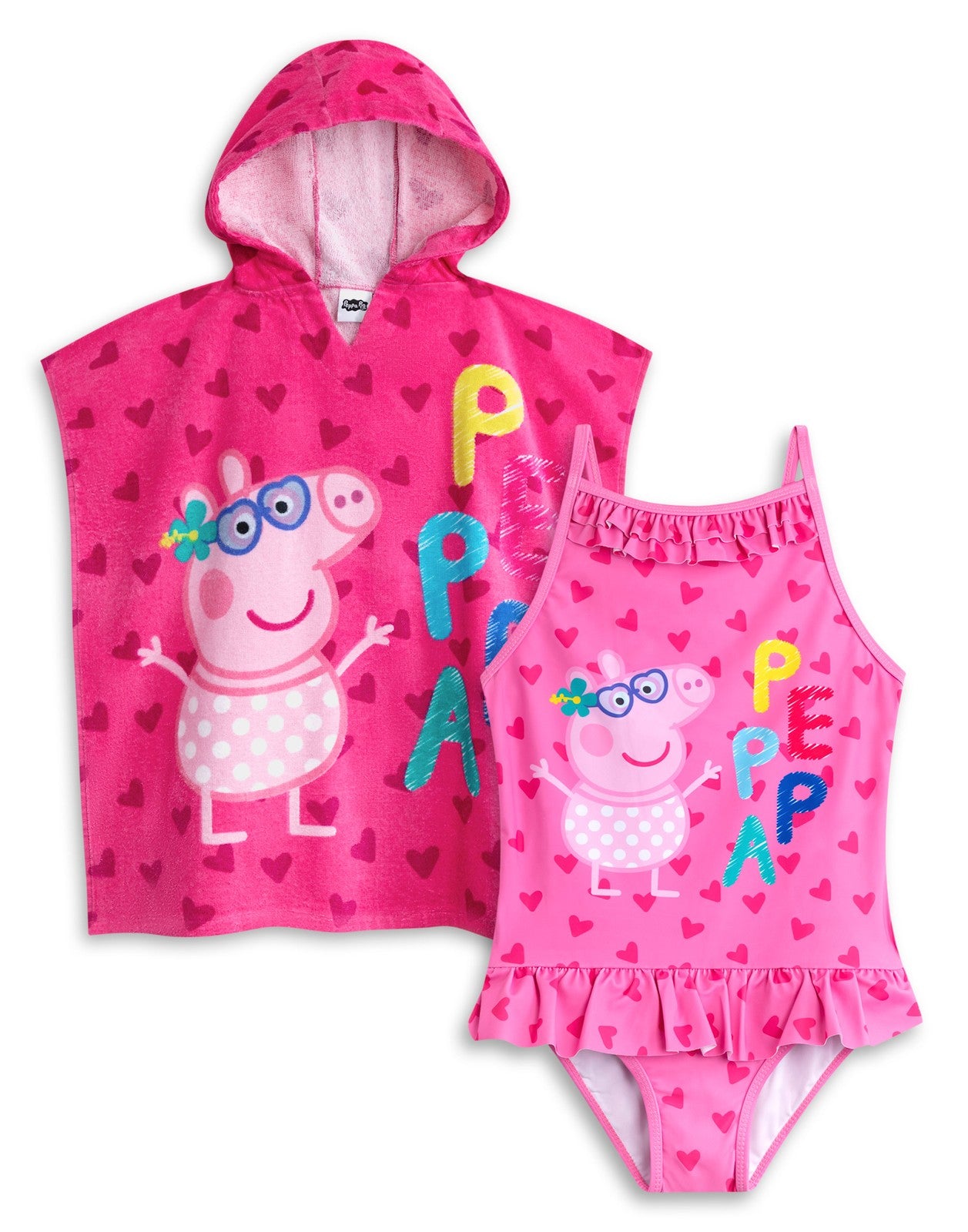 Peppa Pig Poncho Towel and 1 Piece Swimming Costume Set | Girls Pink | Official