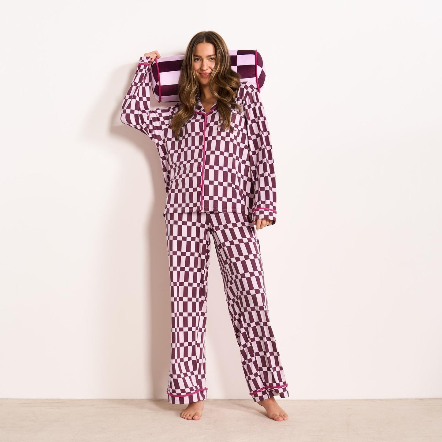 OHS Printed Piped Pyjama Set Jersey Button Through Nightwear Loungewear