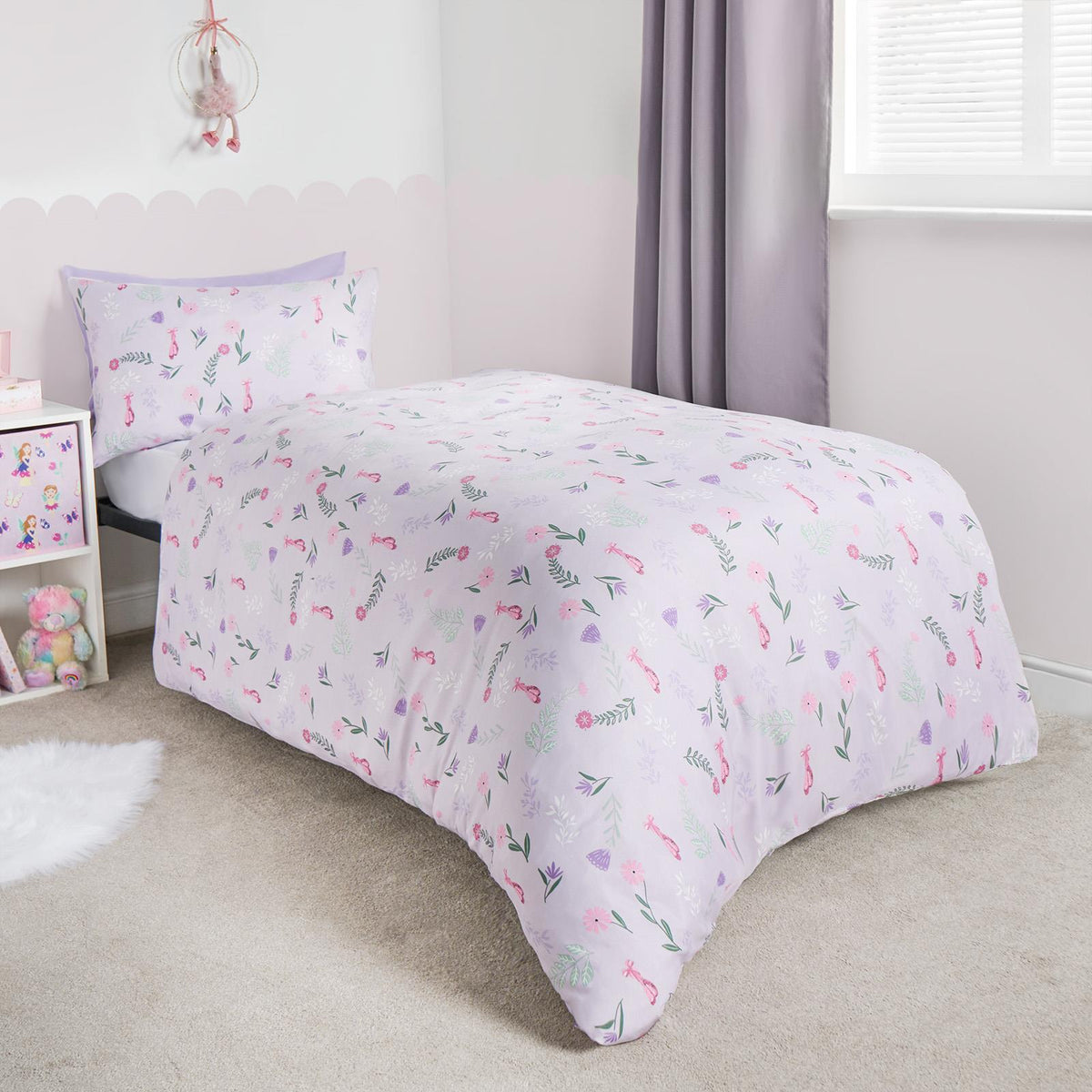Reversible Duvet Cover Set Kids Ballerina Soft Floral Quilt Pillowcases Bedding
