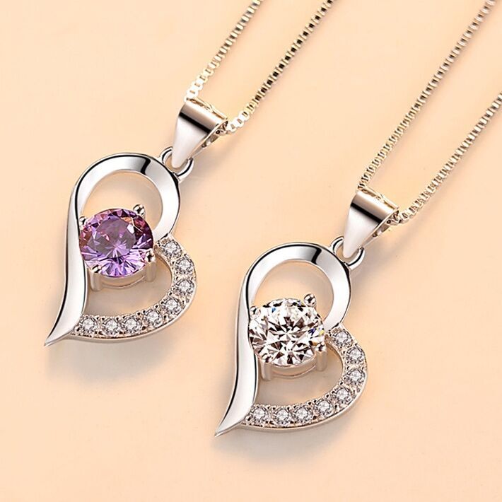 Women Crystal Heart Pendant Chain Necklace 925 Sterling Silver Jewellery Gift UK
