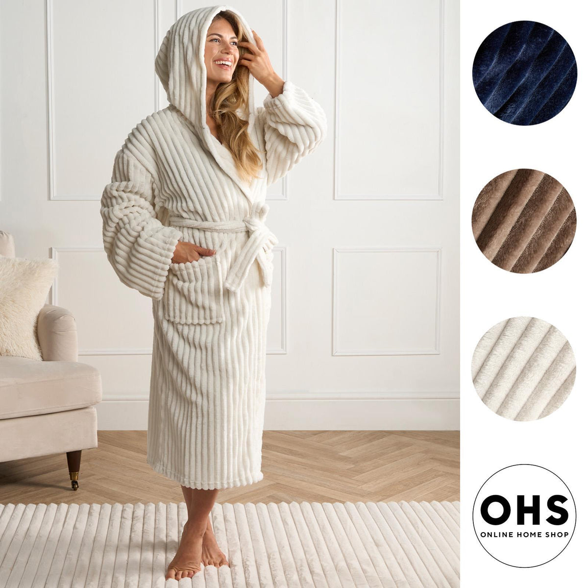 OHS Ribbed Fleece Dressing Gown Luxury Warm Supersoft Loungewear Ladies Robe