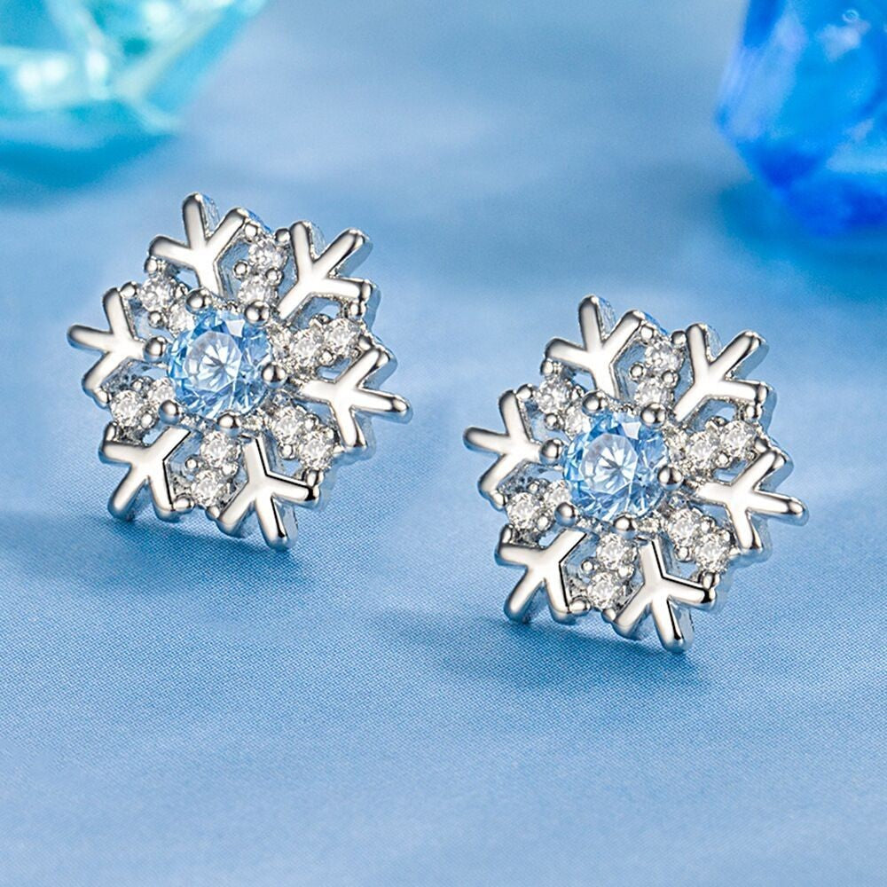 Christmas Crystal Snowflake Stud Earrings 925 Sterling Silver Women Jewellery