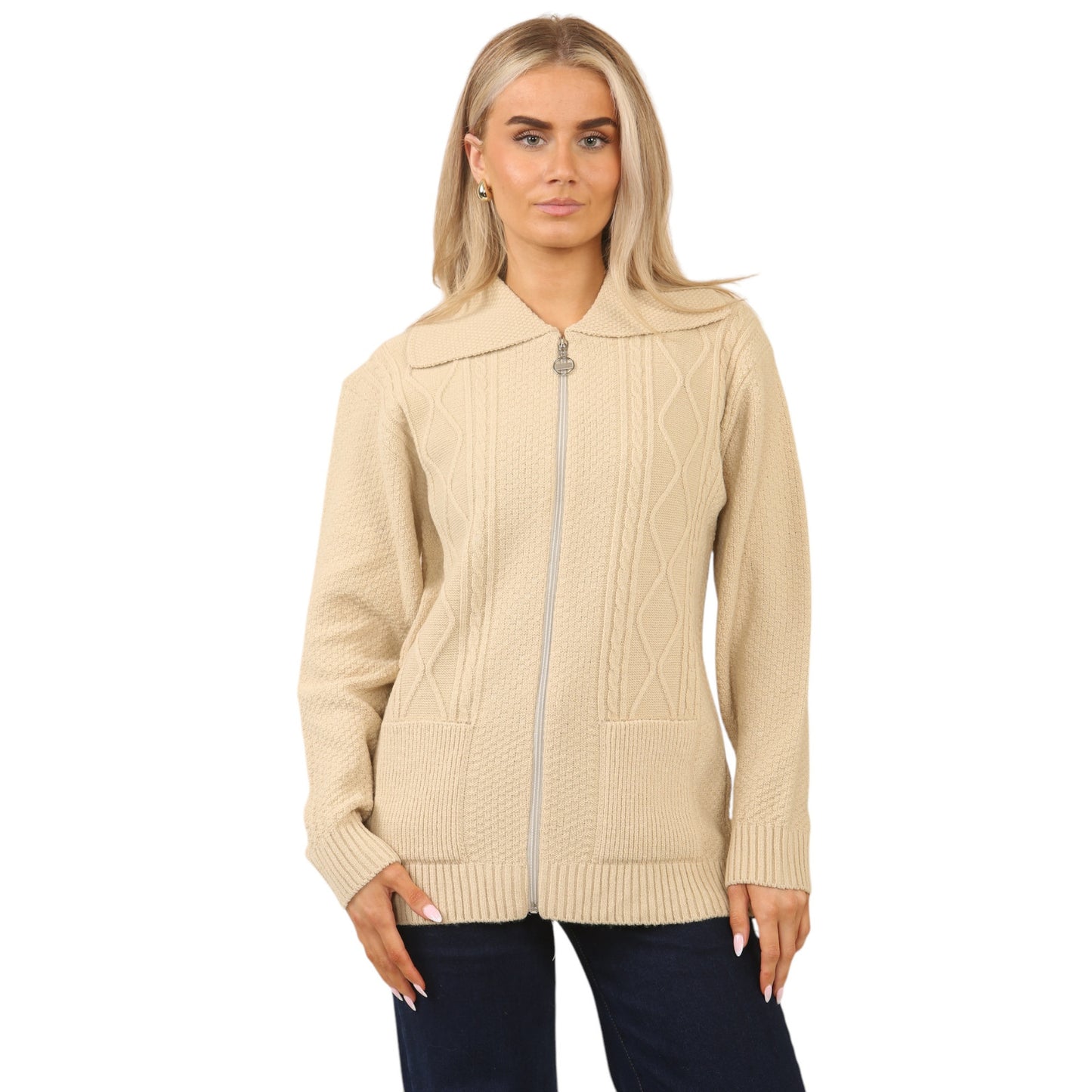 WOMENS ZIP UP CARDIGAN LADIES DIAMOND CABLE KNIT LONG SLEEVES SWEATER TOP JUMPER