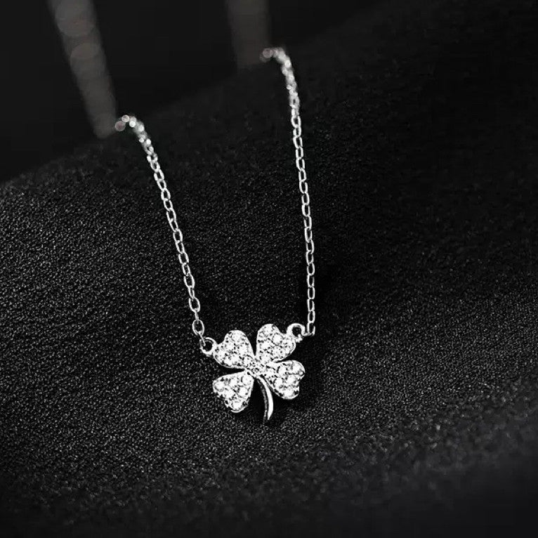 925 Sterling Silver Crystal Clover Flower Pendant Necklace Women Jewellery Gift
