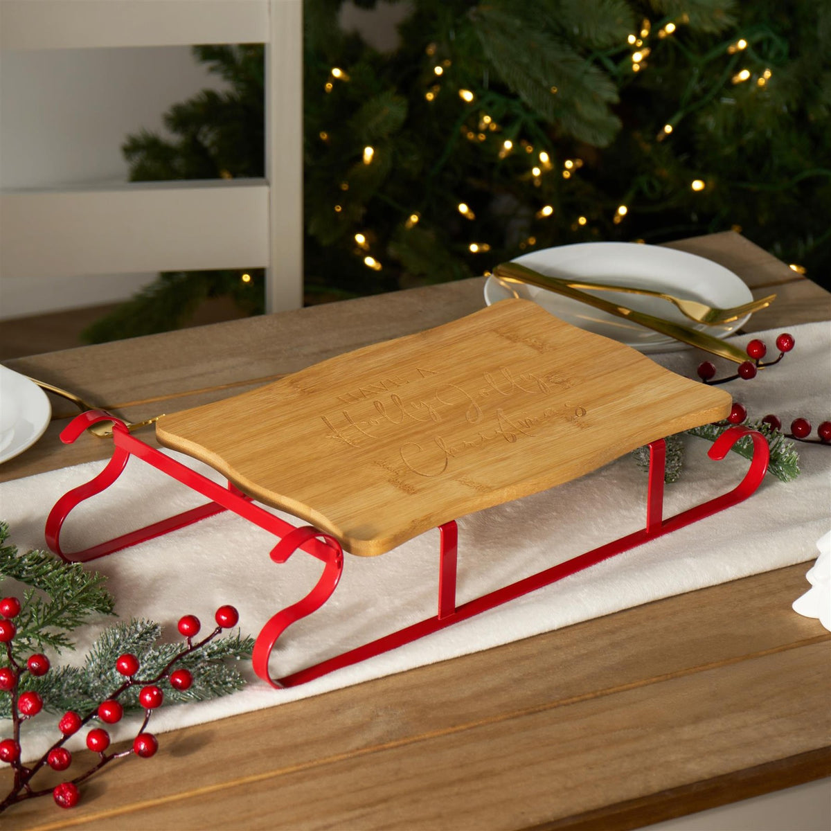 OHS Sleigh Serving Platter Bamboo Festive Xmas Cutting Board with Metal Frame