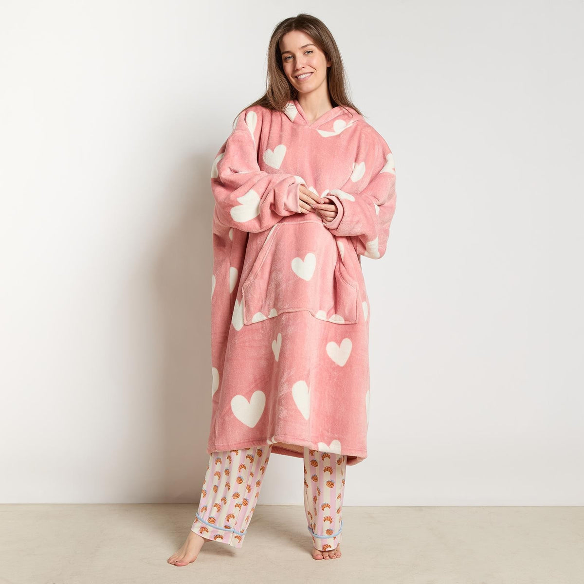 OHS Heart Print Hoodie Blanket Oversized Adult Fleece Sherpa Throw Jumper