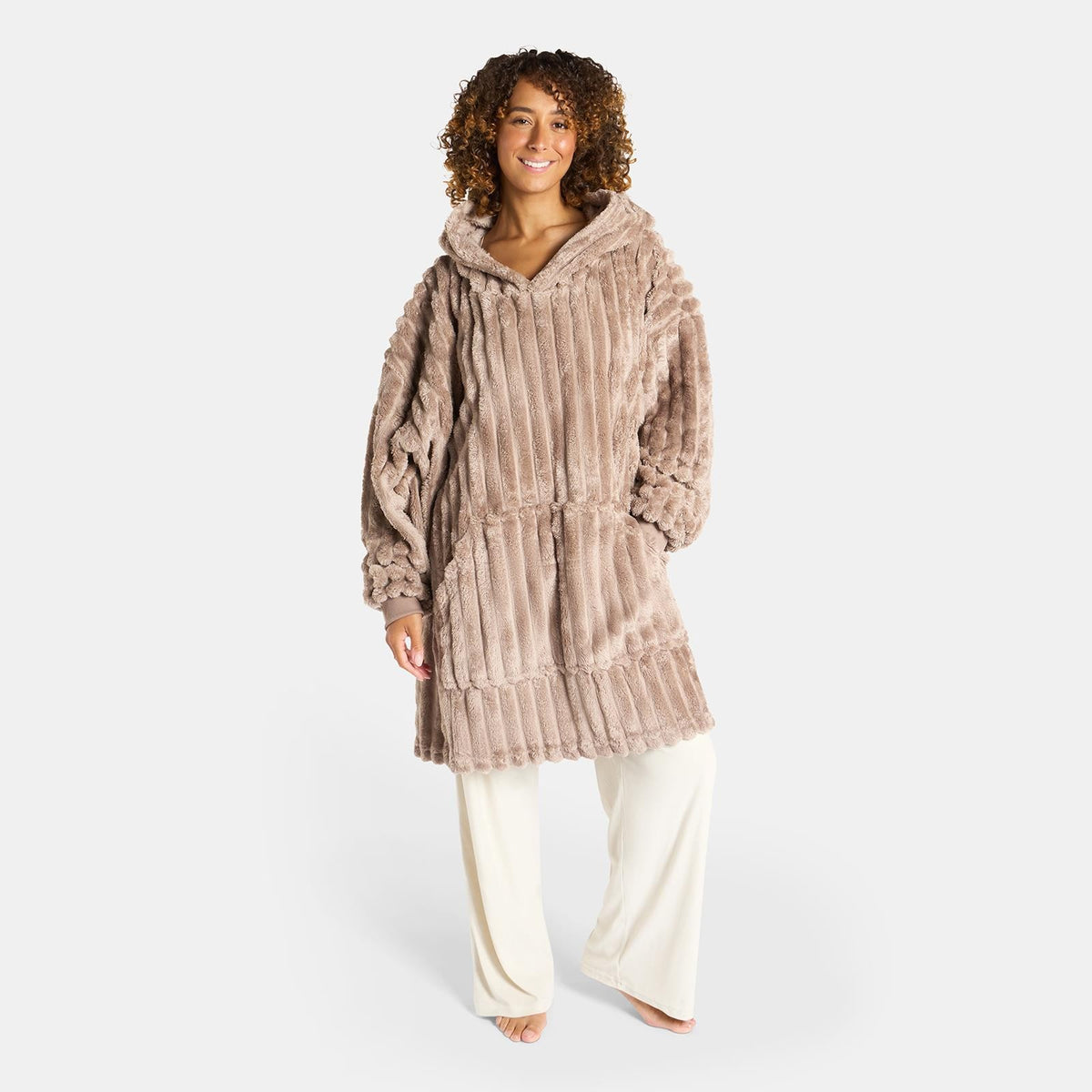 OHS Ribbed Flannel Hooded Blanket Fleece Wearable Throw Warm Oversized Hoodie