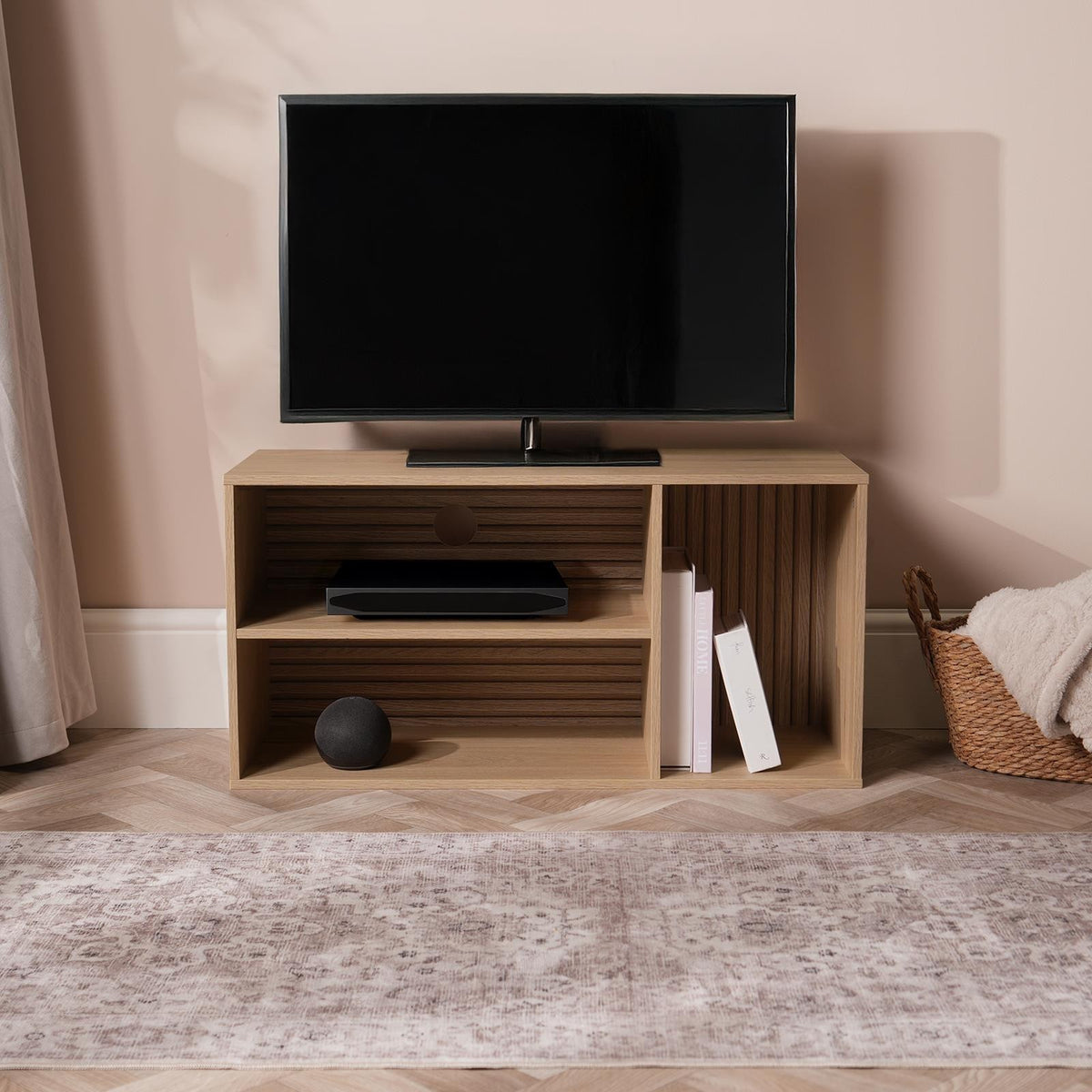 OHS Dallas TV Stand Slat Panel 3 Cube Shelves Entertainment TV Unit