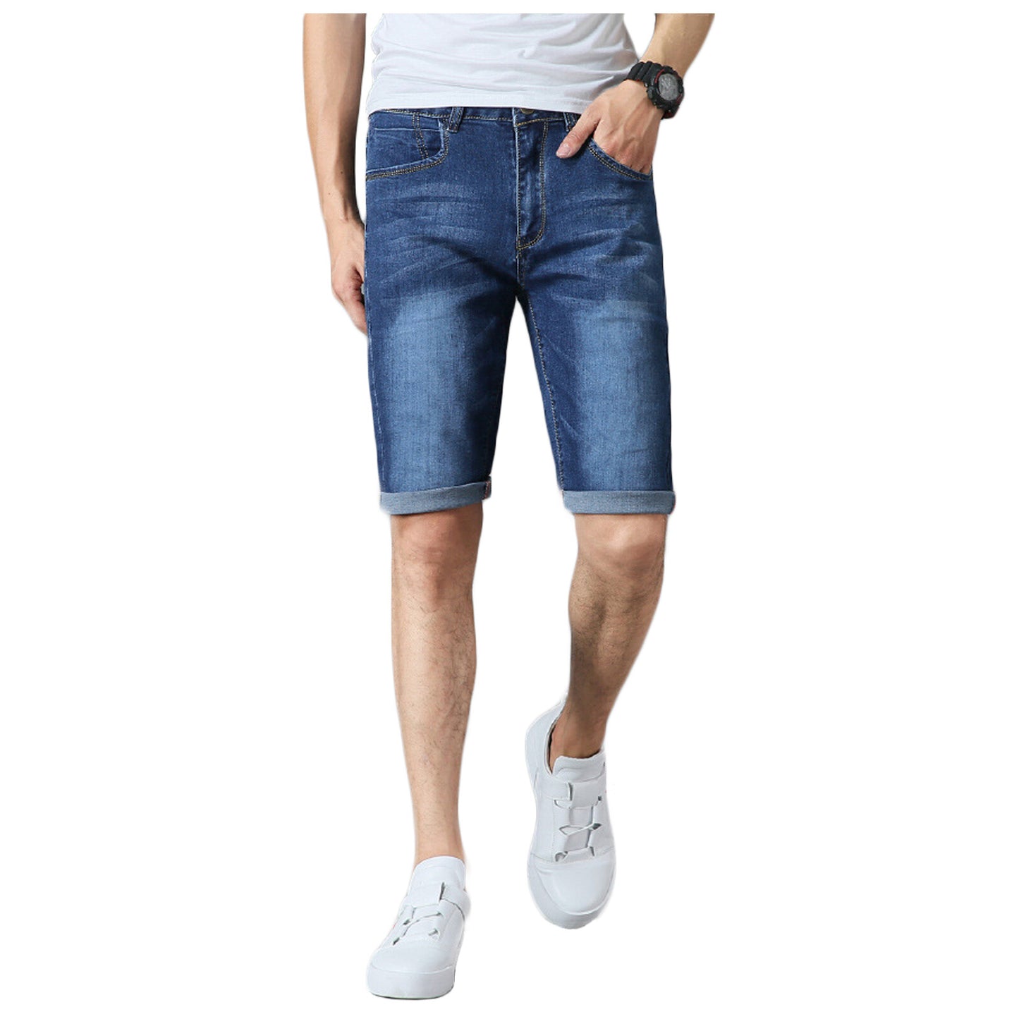 Mens Boys Denim Shorts Stretch Slim Fit Summer Half Jeans Pants Dark Blue Light