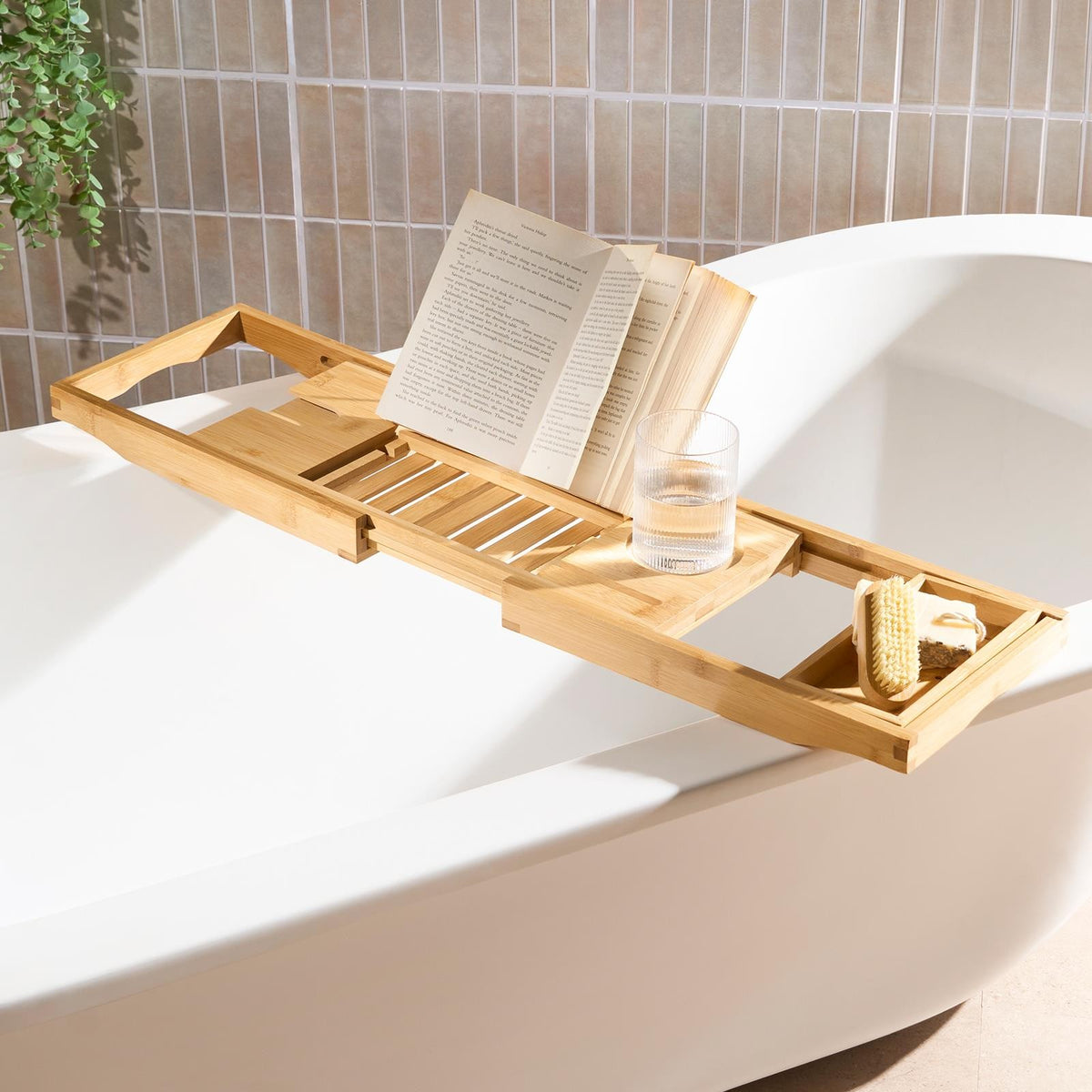 OHS Extendable Bath Tray Bamboo Bathtub Shelf Caddy Freestanding