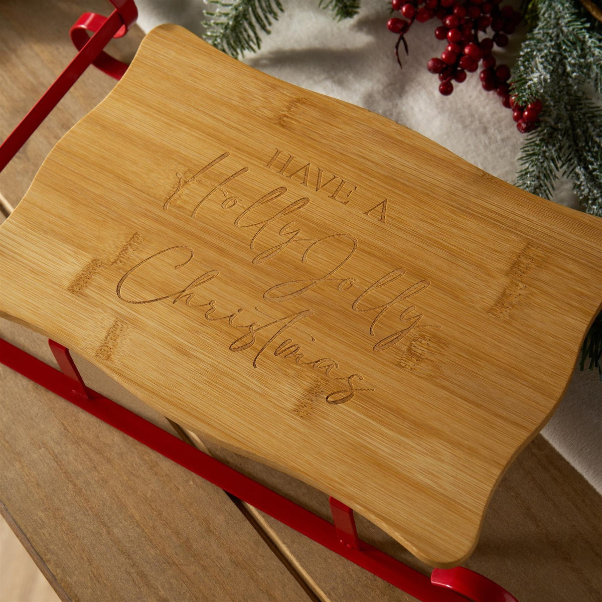 OHS Sleigh Serving Platter Bamboo Festive Xmas Cutting Board with Metal Frame