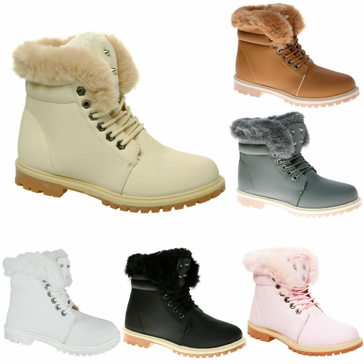 WOMEN LADIES ANKLE FUR LINE BOOTS FLAT GRIP SOLE WINTER ARMY COMBAT WINTER SHOES