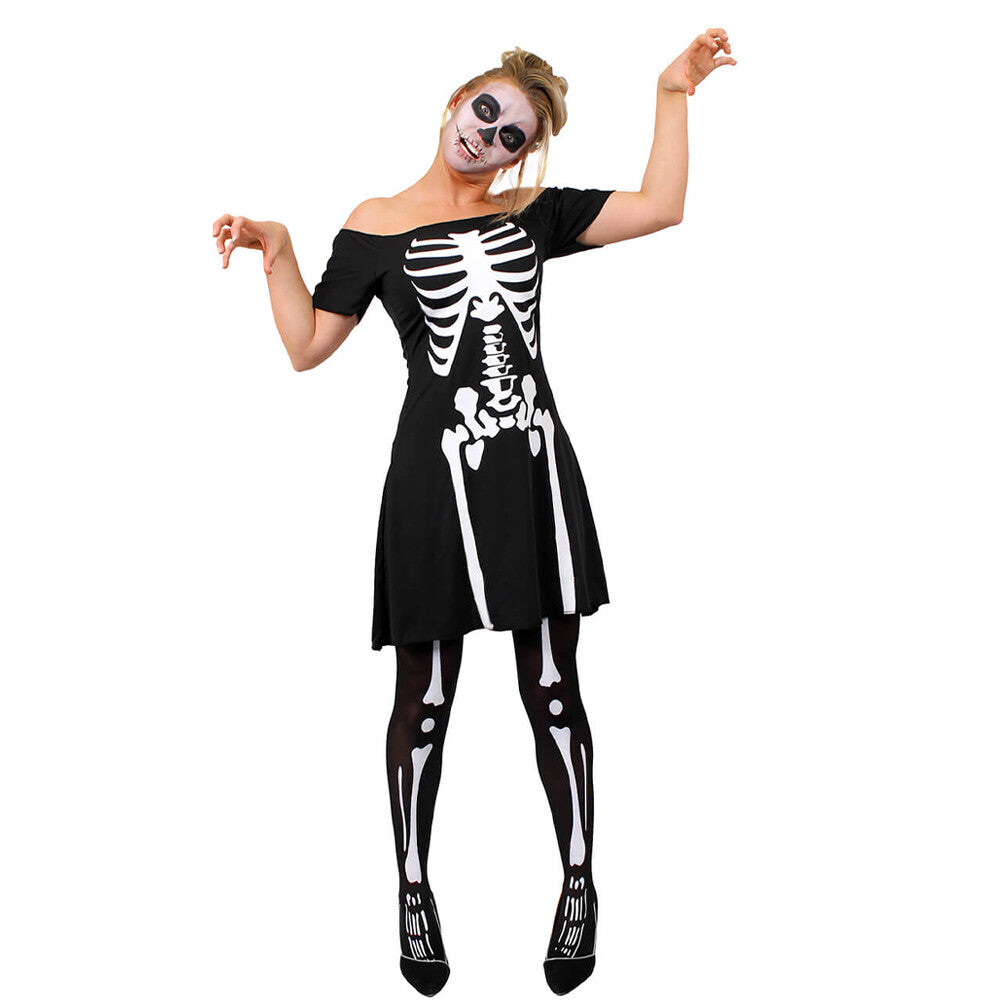 SKELETON SKATER DRESS COSTUME HALLOWEEN FANCY DRESS LADIES WOMENS ADULT OUTFIT