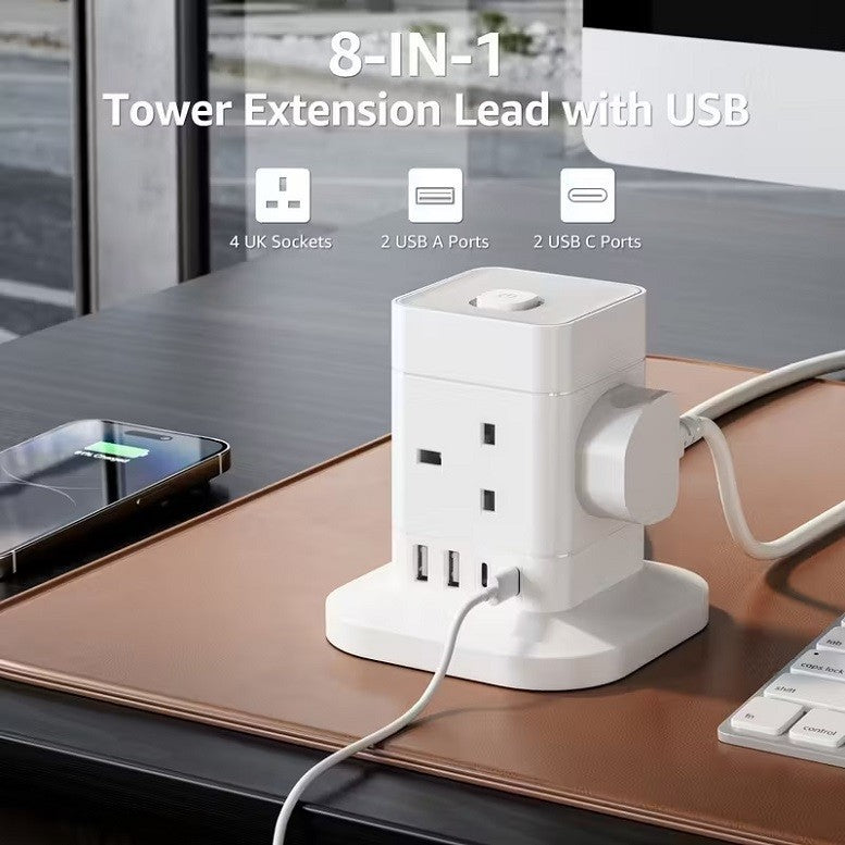 4 WAY TOWER EXTENSION LEAD WITH USB SLOT SURGE PROTECTION POWER STRIP 1.5m UK