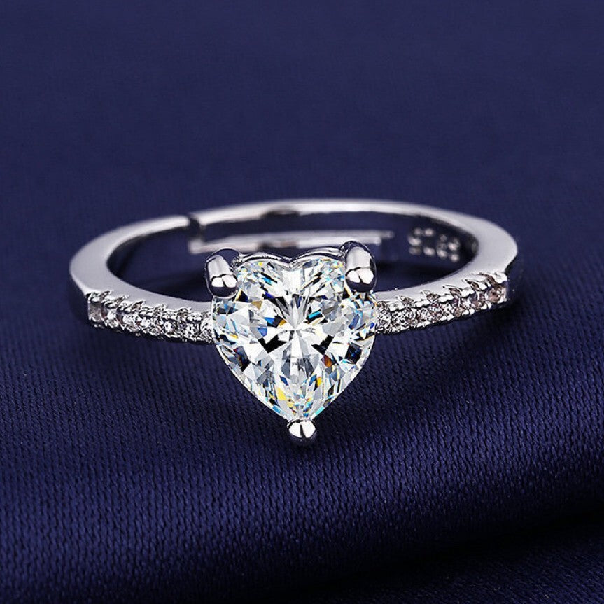 925 Sterling Silver Crystal Heart Adjustable Ring Engagement Women Jewellery Gif