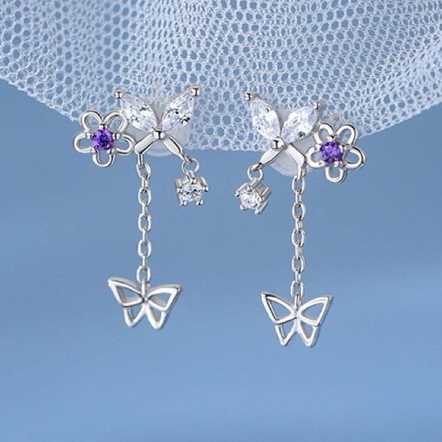 925 Sterling Silver Crystal Butterfly Drop Stud Earrings Jewellery Gift UK