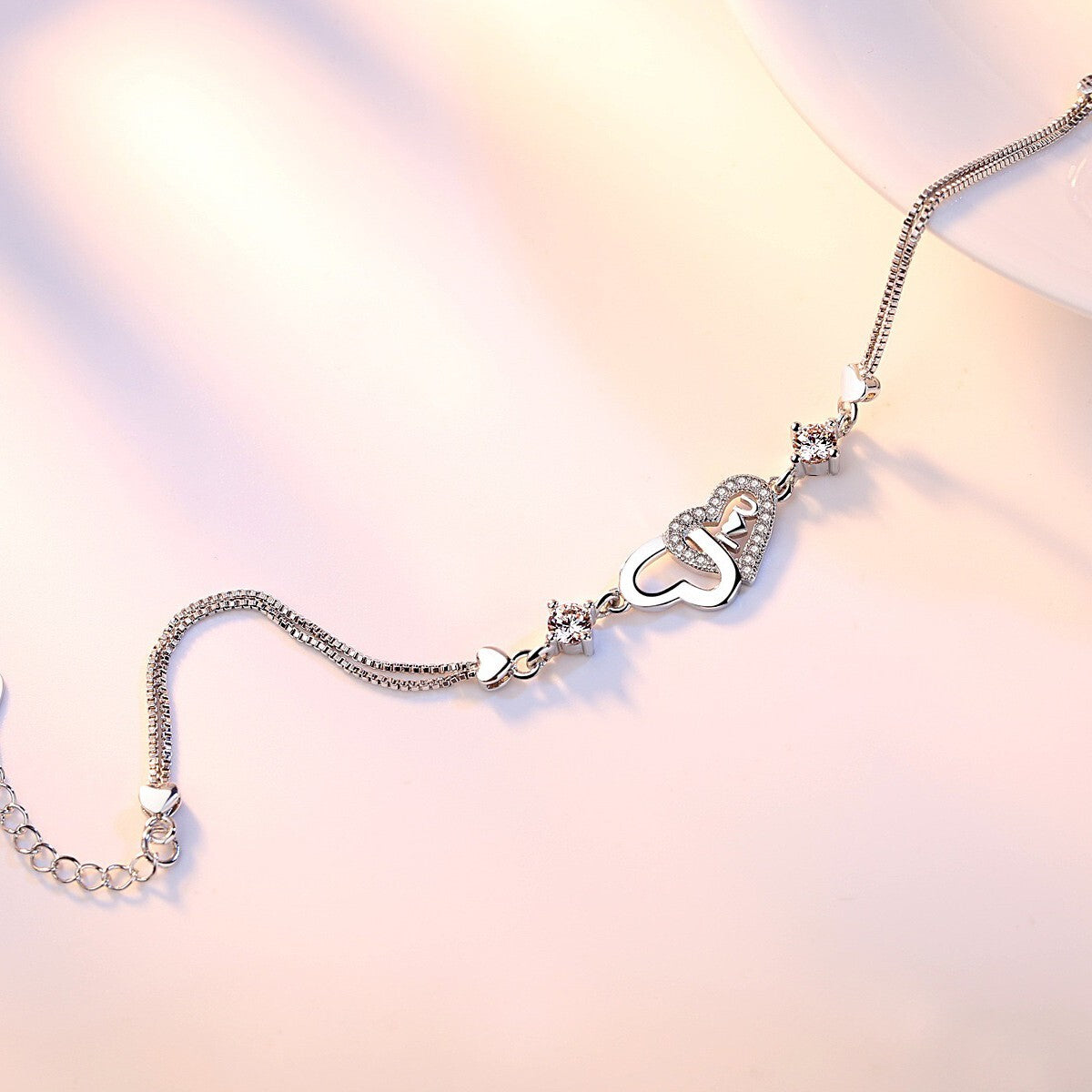 925 Sterling Silver Crystal Double Heart Linked Charm Bracelet Women Jewellery